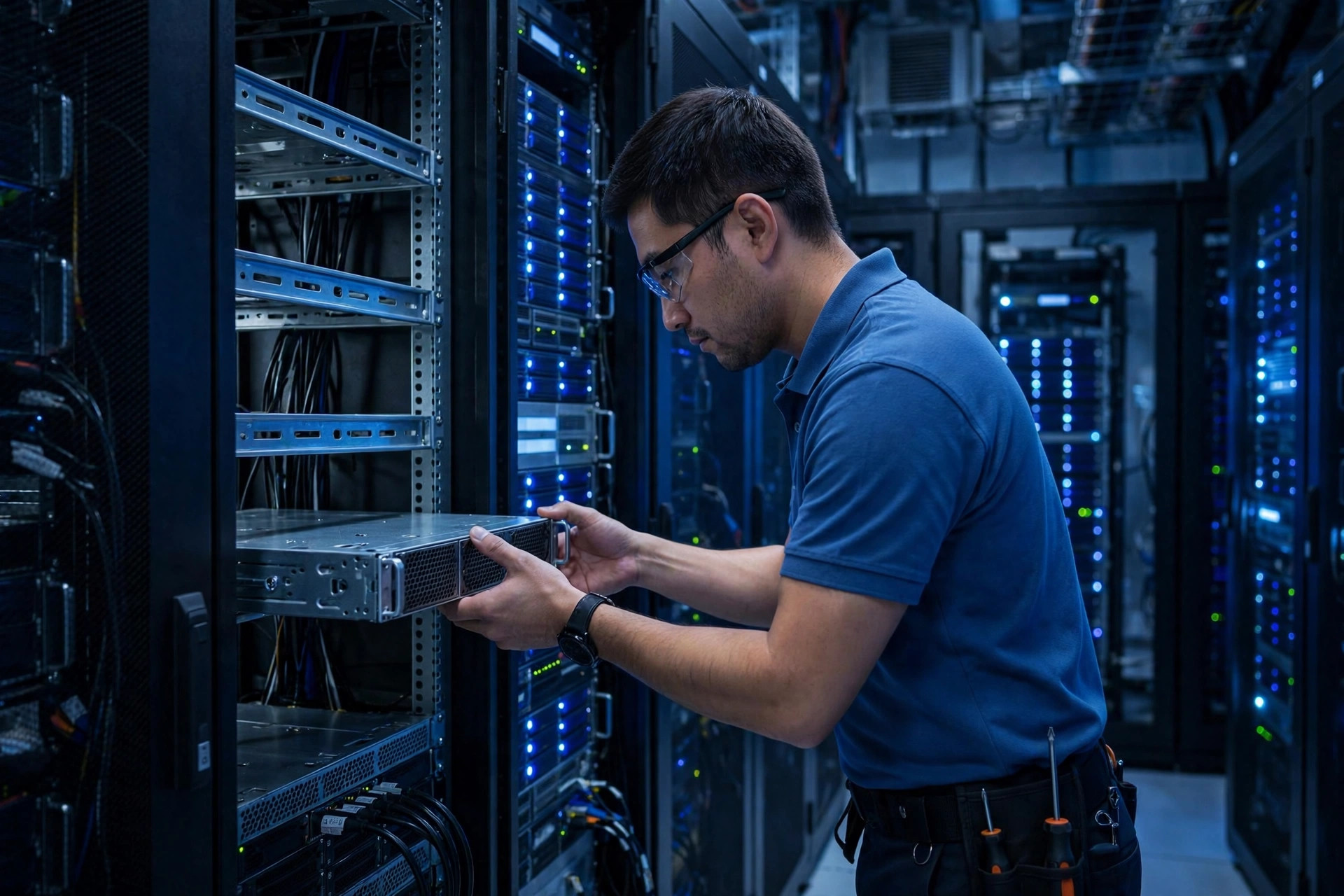 Nexus engineer installing server rack